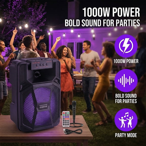 Lohoms  8" Portable Bluetooth Party Speaker, Wireless Outdoor PA System with Deep Bass, LED RGB Lights, TWS, FM Radio, USB/TF Card, Rechargeable Battery for Tailgating, Camping & Home