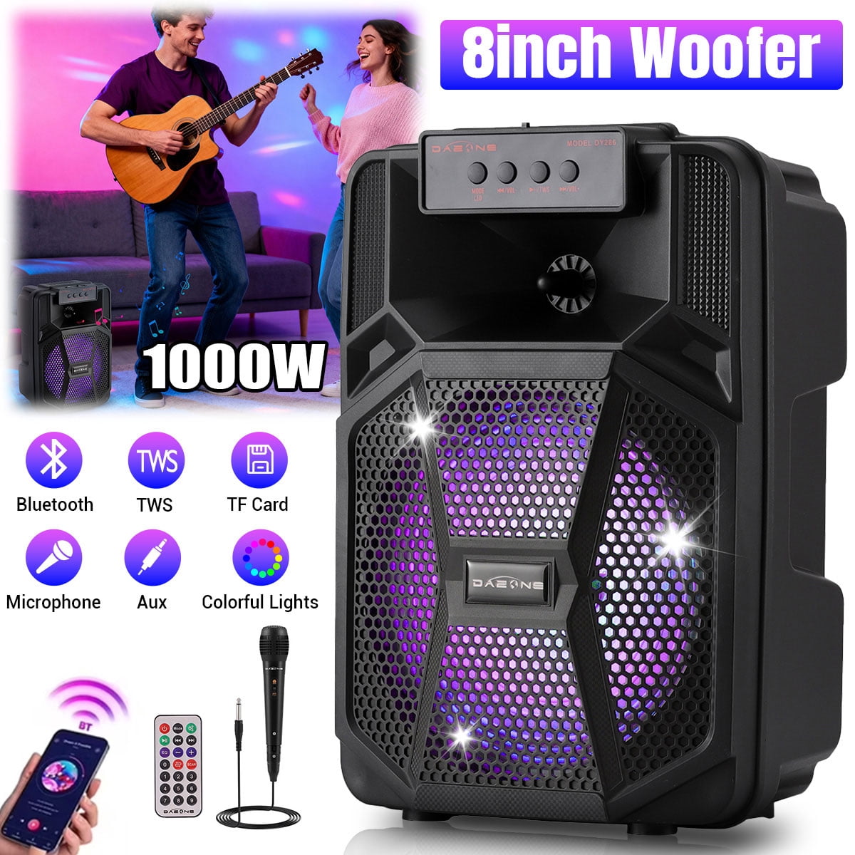 Lohoms 8" Portable Bluetooth Party Speaker, Wireless Outdoor PA System with Deep Bass, LED RGB Lights, TWS, FM Radio, USB/TF Card, Rechargeable Battery for Tailgating, Camping & Home