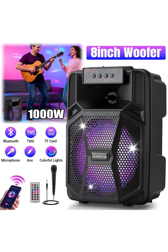 8" Portable Bluetooth Party Speaker, Wireless Outdoor PA System with Deep Bass, LED RGB Lights, TWS, FM Radio, USB/TF Card, Rechargeable Battery for Tailgating, Camping & Home