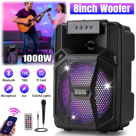 Lohoms 8" Portable Bluetooth Party Speaker, Wireless Outdoor PA System with Deep Bass, LED RGB Lights, TWS, FM Radio, USB/TF Card, Rechargeable Battery for Tailgating, Camping & Home