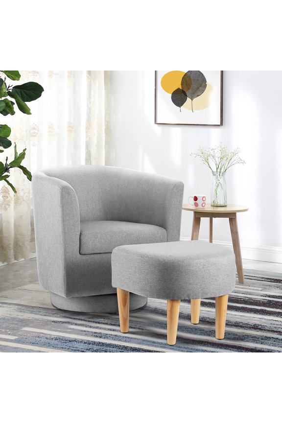 Accent Arm Chair Swivel 360° With Ottoman Set, Modern Home Leisure Chair with Footstool, Comfy Upholstered Armchair Single Sofa, Reading Chair with Solid Wood Legs, Gray