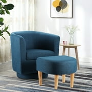 Lohoms Modern Wood Linen Fabric Sponge Solid Print Swivel Armchair with Ottoman and Footstool, Blue