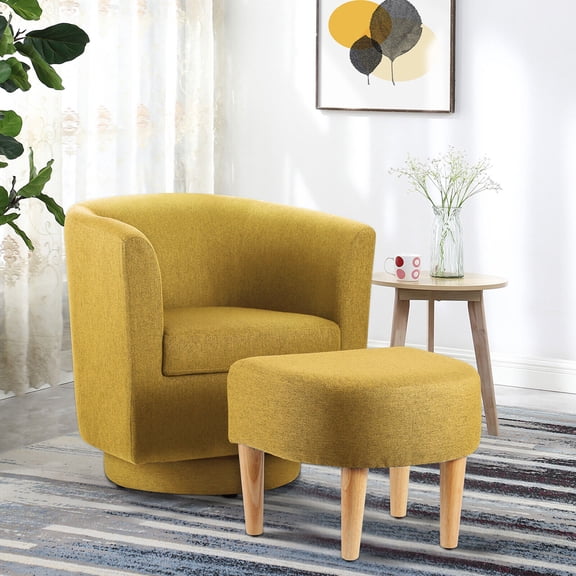 Lohoms Linen Fabric Sponge Solid Print Swivel 360° Accent Arm Chair with Ottoman, Yellow