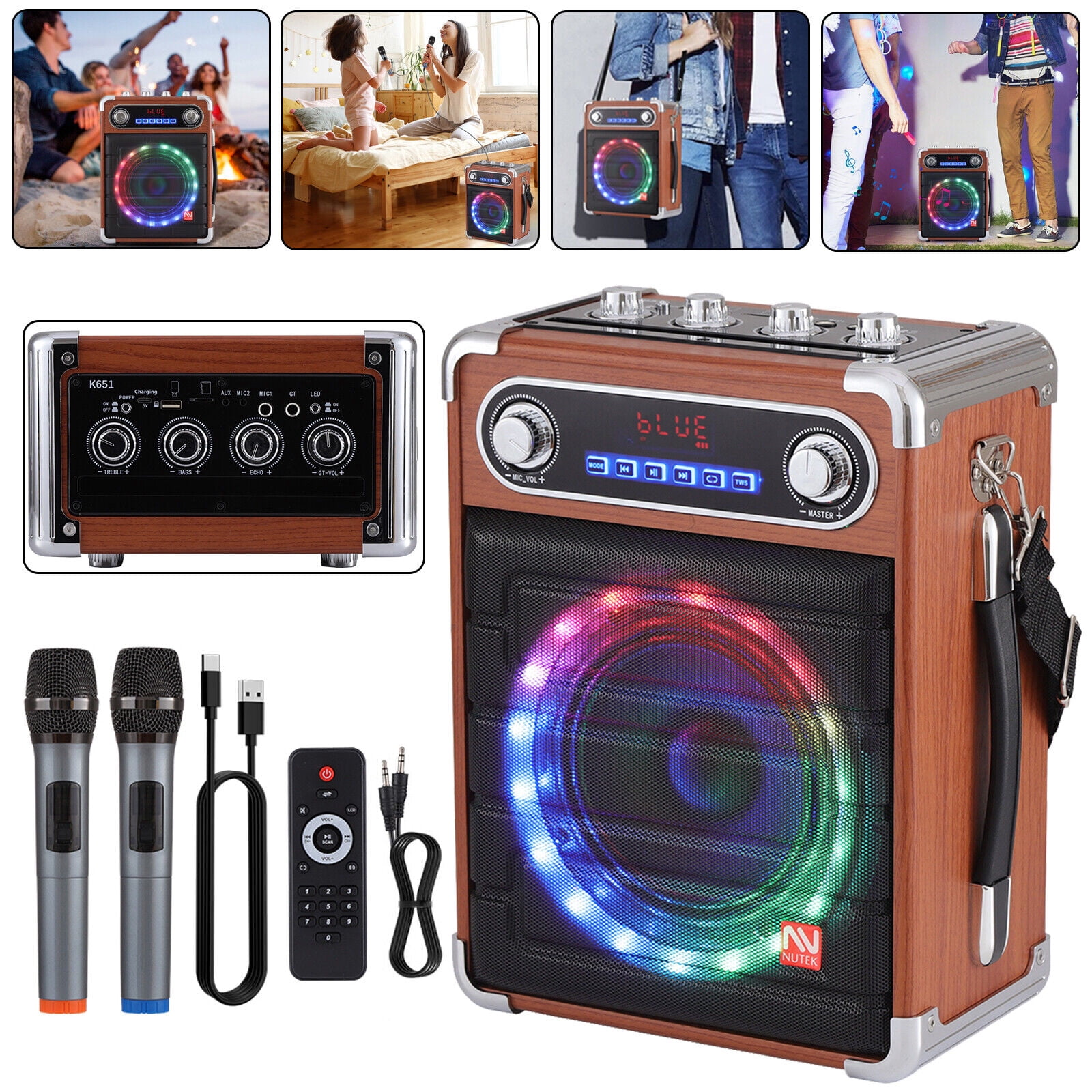 Lohoms Bluetooth Speaker Portable Karaoke Machine PA System 6.5" Woofer with 2 Wireless Microphones Remote LED Lights, Black