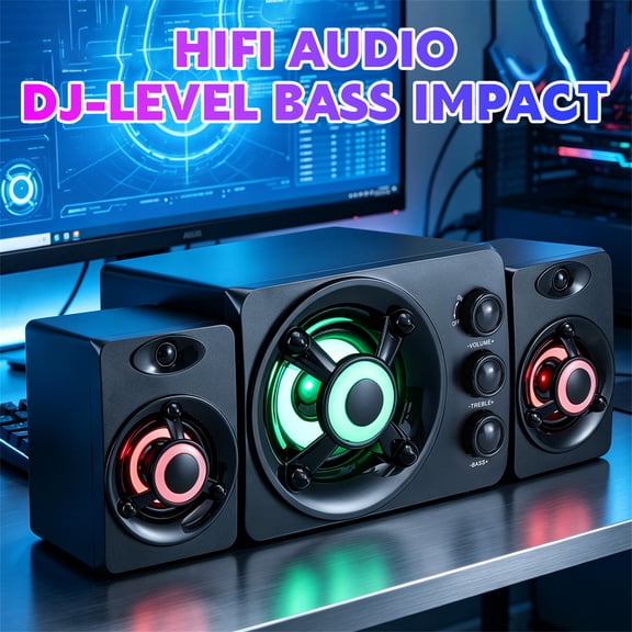Lohoms Computer Speakers with Subwoofer, RGB Gaming PC Speakers for Desktop Monitor, USB Powered Desktop Speakers with Bass & 3.5mm Aux(Black-Pro)