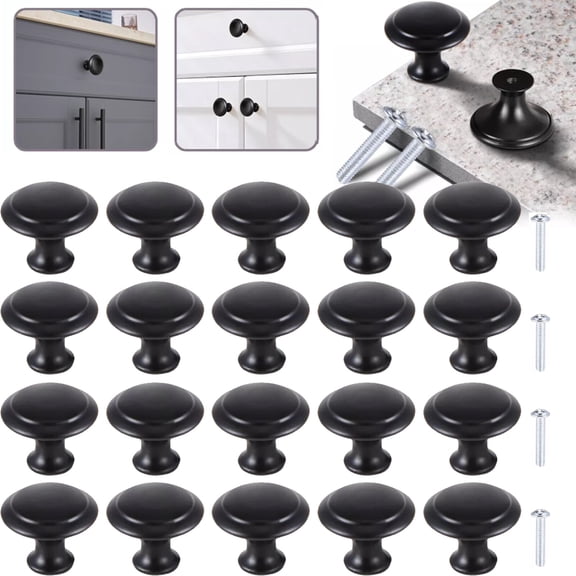 Lohoms Door Knobs, 20-Piece Stainless Steel Cabinet Pulls, Brushed Nickel Drawer Handles with Screws, Black