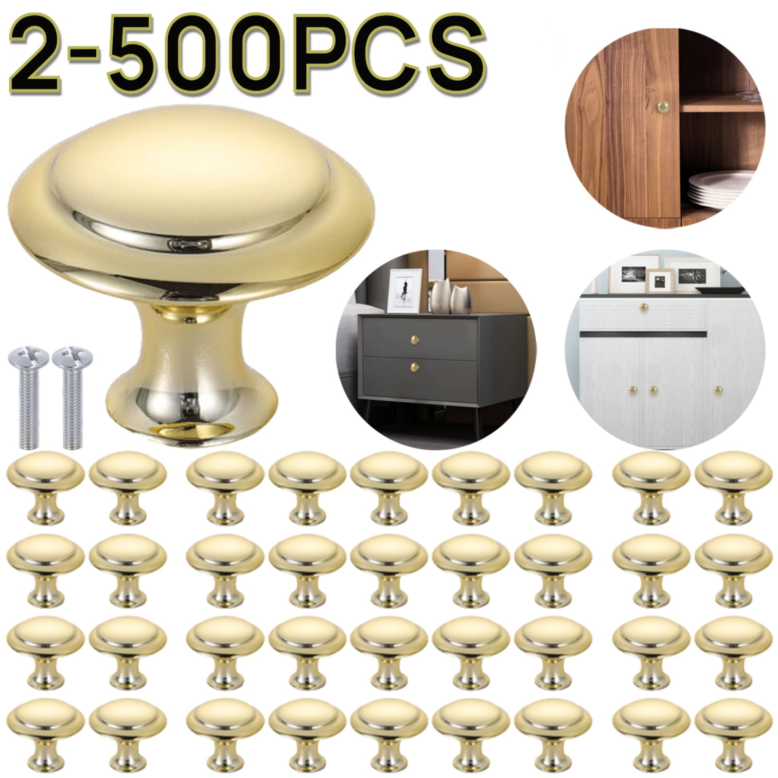Lohoms Door Knobs, 500-Piece Stainless Steel Cabinet Pulls, Brushed Nickel Drawer Handles with Screws, Gold
