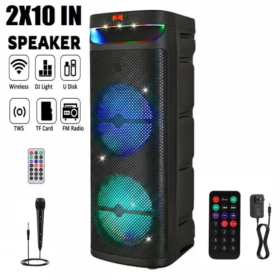 Lohoms Dual 10" Portable Wireless Bluetooth Party Speaker Heavy Bass Sound System Subwoofer w/ Mic
