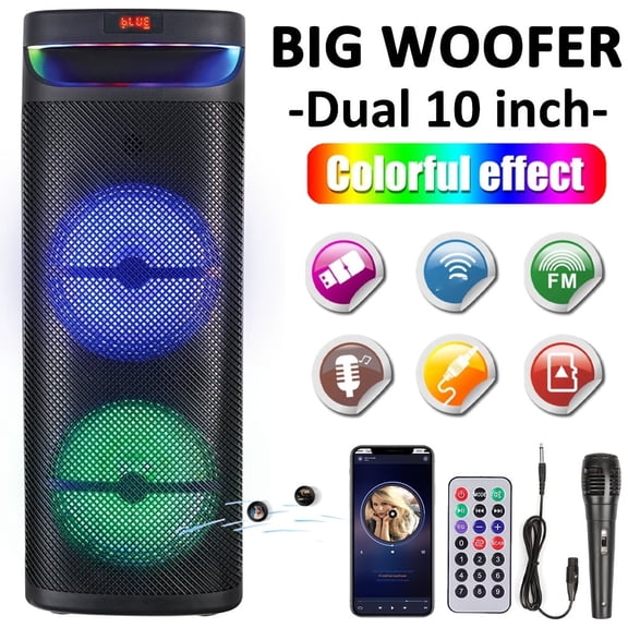 Lohoms Dual 10" Subwoofer BT Wireless Connection Party Speaker With Remote Control, Wired Microphone RGB Lights, FM Radio, USB/TF Playback, TWS Pairing, 24H Playtime