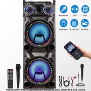 Lohoms Dual 12" Portable Party Speaker with Wired Microphone, 18500 Watts Peak Power PA System, Extra Bass, LED Disco Lights, TWS, FM Radio & Rolling Wheels - Professional Series