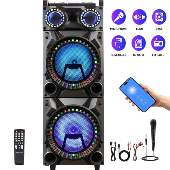 Lohoms Dual 12" Portable Party Speaker with Wired Microphone, 18500 Watts Peak Power PA System, Extra Bass, LED Disco Lights, TWS, FM Radio & Rolling Wheels - Professional Series