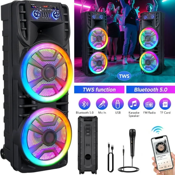 Lohoms Dual 12-in Woofer Bluetooth Speaker With Mic Portable Party PA Sound System RGB