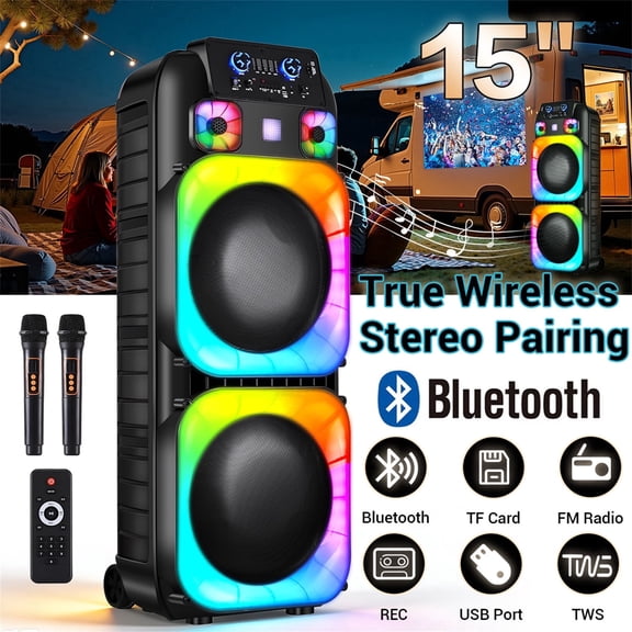 Lohoms Dual 15" Woofers Portable Party Sound System, Heavy Bass Outdoor Bluetooth Speaker with Microphone,Black