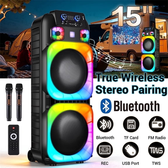 Lohoms Dual 15" Woofers Portable Party Sound System, Heavy Bass Outdoor Bluetooth Speaker with Microphone,Black