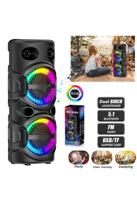 Dual 8" Portable Bluetooth Speaker, Wireless Party PA Sound System Subwoofer Heavy Bass With Microphone Remote LED TWS FM