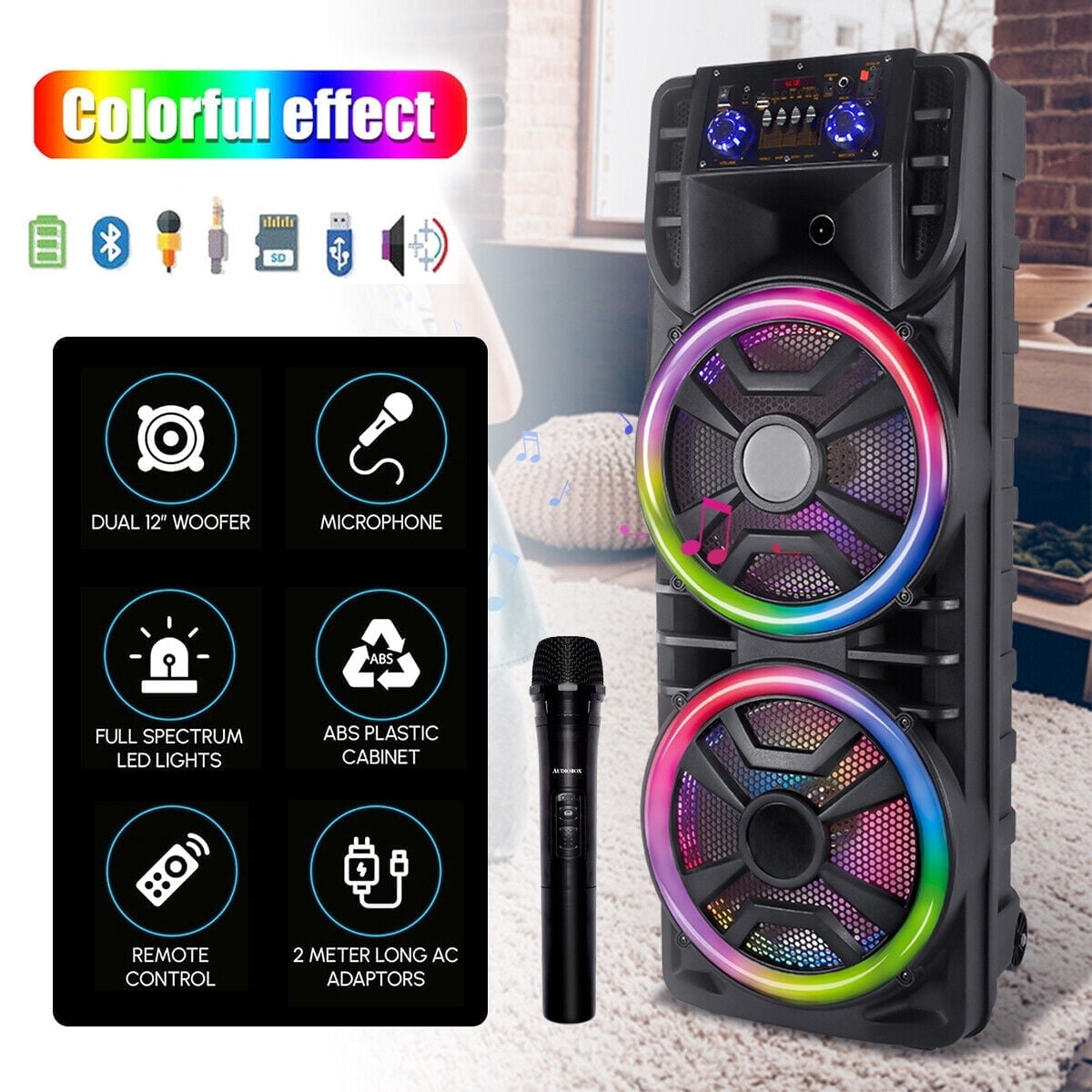 Lohoms Dual Pulse Lighting Bluetooth Portable Speaker with Wireless Microphone, Black