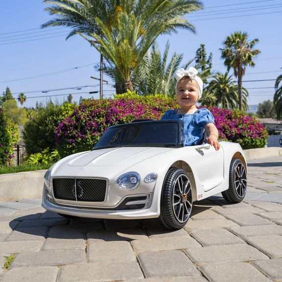 Lohoms Kids Ride On Car, White 12V BENTLEY Style Licensed Electric Off-Road Ride On Car Child Toy, Dual Motor With 2.4G Romote Control MP3 LED Headlights, Premium Wheel
