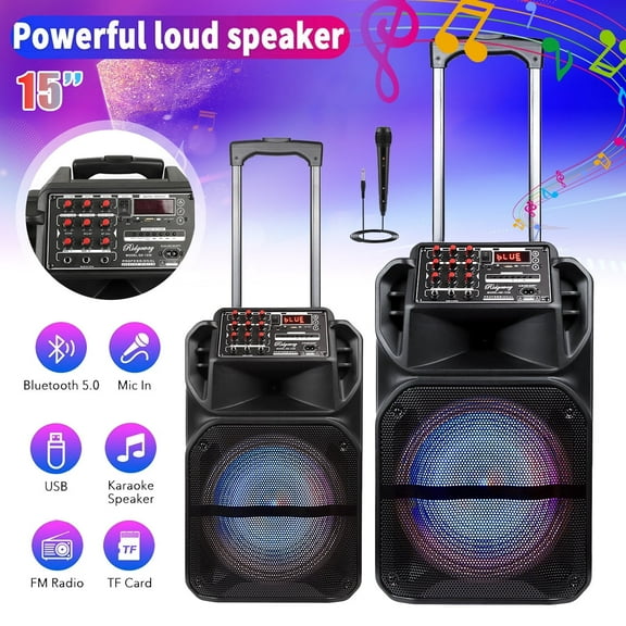 Lohoms Portable Bluetooth Speaker 15" Subwoofer Trolley Speaker w/ Microphone Remote Sound PA System