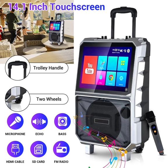 Lohoms Portable Karaoke Machine with Lyrics Display Screen, 8" Subwoofer, Built-in Tablet, Rechargeable Wireless Speaker with One Mics & DJ Lights, Gift for Adults, Family & Holiday Parties