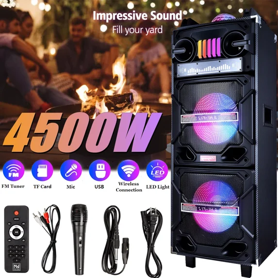 Lohoms Portable Wireless Speaker, Dual 10 Inch Woofer & Dual 2 Inch Tweeter High Powered Portable Trolley Bluetooth Speaker System, Microphone, Remote, Handle, Wheels, DJ LED Light