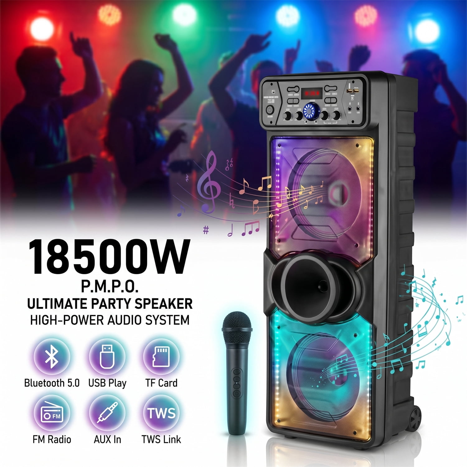 Lohoms Portable Wireless Speaker, Dual 10" Subwoofer & Double 2" Tweeter Trolley Bluetooth Speaker W/ Microphone Heavy Bass Stereo Woofer Party PA System, AUX, FM, Remote, Karaoke LED Light, 37" H