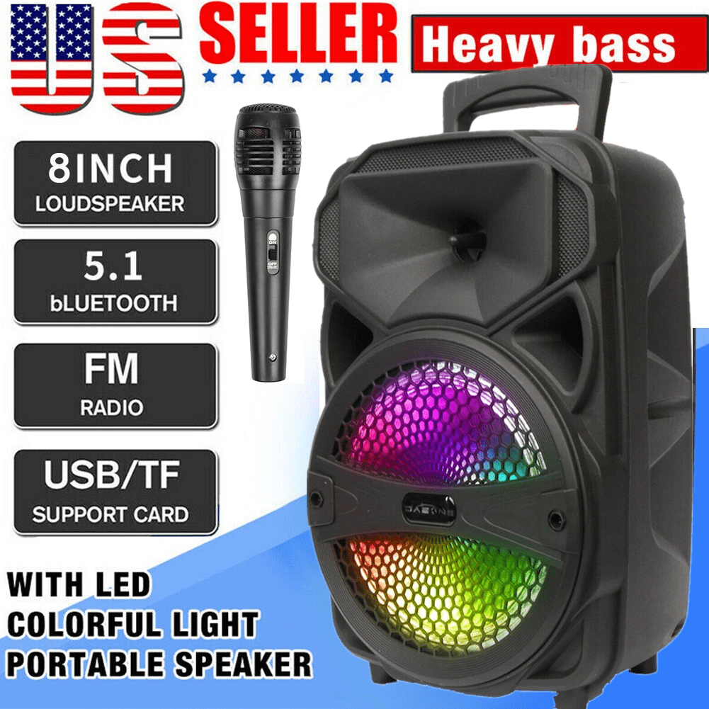 Lohoms Portable Wireless Speaker With Microphone, USB Rechargeable 1,000W FM Bluetooth Speaker 8" Subwoofer Heavy Bass Stereo Party PA System AUX, Remote, Charging Cable, LED Light
