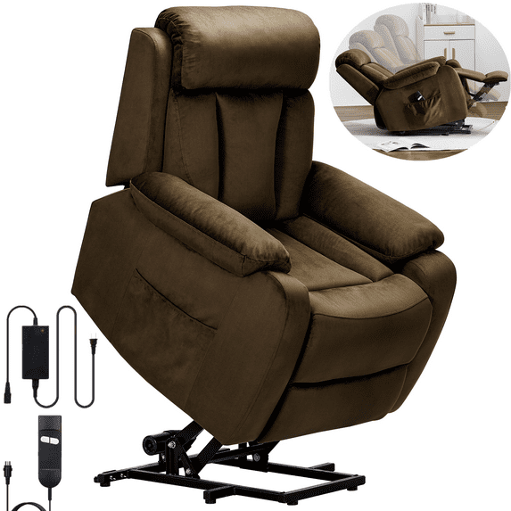 Lohoms Power Lift Elderly Comfort Velvet Solid Living Room Recliner Chair with 2 Side Pockets, Brown