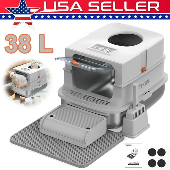 Lohoms Stainless Steel Litter Box with Lid, XL Extra Large Enclosed Cat Litter Box for Big Cats 110 Flip Cover, Front & Top Dual Entry, High Sided Litter Box & Pedal & Scoop, Anti-Leakage