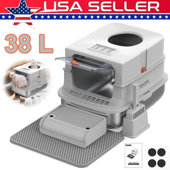 Lohoms Stainless Steel Litter Box with Lid, XL Extra Large Enclosed Cat Litter Box for Big Cats 110° Flip Cover, Front & Top Dual Entry, High Sided Litter Box & Pedal & Scoop, Anti-Leakage