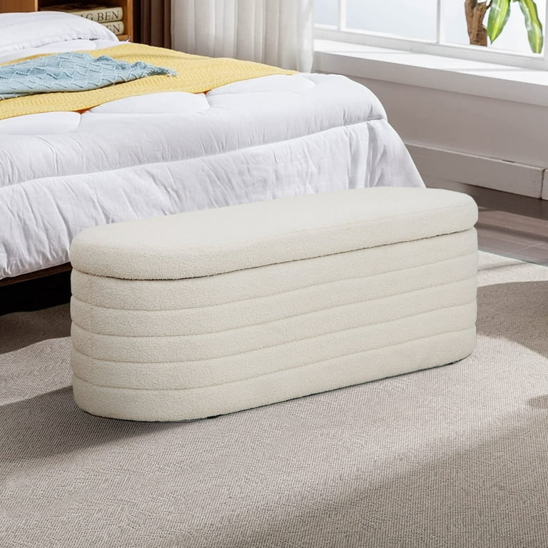 Lohoms Storage Ottoman Bench White Upholstered Fabric Storage Bench End of Bed Stool with Safety Hinge for Bedroom Living Room Entryway 44.5 inch