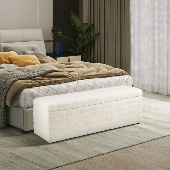 Lohoms Storage Ottoman Bench White, Upholstered Fabric Storage Bench End of Bed Stool with Safety Hinge for Bedroom, Living Room, Entryway (44.5-inch W), Square
