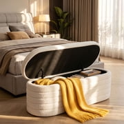 Lohoms Storage Ottoman Bench White, Upholstered Fabric Storage Bench End of Bed Stool with Safety Hinge for Bedroom, Living Room, Entryway 44.5-inch W