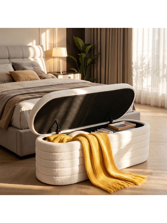 Storage Ottoman Bench White, Upholstered Fabric Storage Bench End of Bed Stool with Safety Hinge for Bedroom, Living Room, Entryway (44.5-inch W)