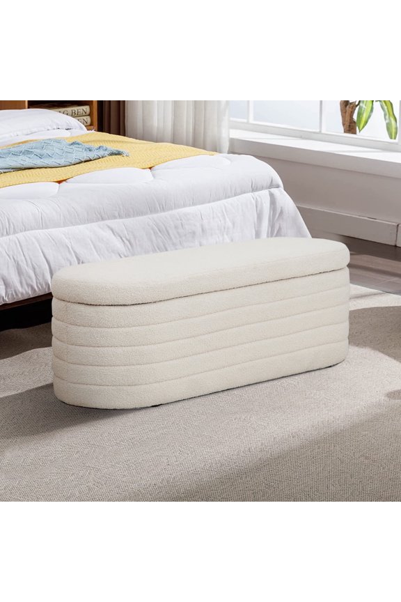 Storage Ottoman Bench White, Upholstered Fabric Storage Bench End of Bed Stool with Safety Hinge for Bedroom, Living Room, Entryway (44.5-inch W)