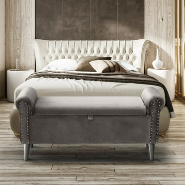 Lohoms Upholstered Wooden Bench with Button Tufted Lift Top Storage, 47.2 in Long Velvet Storage Ottoman Bench, End of Bed Seat with Storage Ottoman Bench, Large Folding Footrest for Living Room, Gray