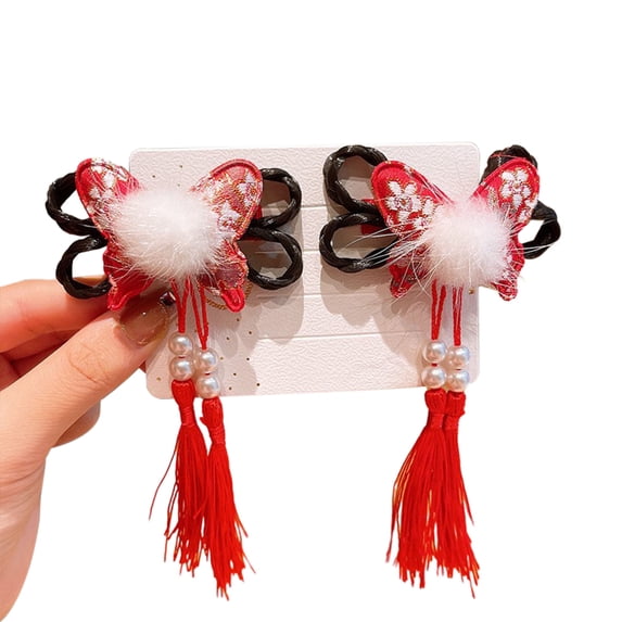 Lohuatrd 1 Pair Girls Hairpins Chinese Style Tassel Plush Ball Fake Braided Hair Bow Decor Anti-slip Festive Photo Prop New Year Hair Decoration Hair Clips Cosplay Hair Accessories
