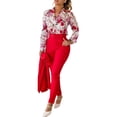 thumbnail image 1 of Lohuatrd 2 Pcs/Set Shirt Pants Suit Print Single-breasted Stand Collar Long Sleeve Cardigan High Waist Pockets Slim Fit Soft Formal OL Commute Style Lady Top Trousers Set with Belt, 1 of 7