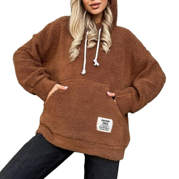 Lohuatrd Autumn Winter Women Hoodies with Large Pocket Long Sleeves Pullover Plush Tops Fashion Solid Color Drawstring Hooded Coat Casual Female Sweatshirt Streetwear