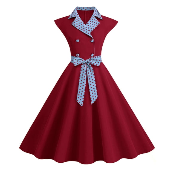 Lohuatrd Elegant Ladies Dress Dot Printed Lapel Collar Bow on Waist Sweet Style Casual Party Dress Sleeveless Tight Waist Slim Mid-length Dress Women Summer Clothing