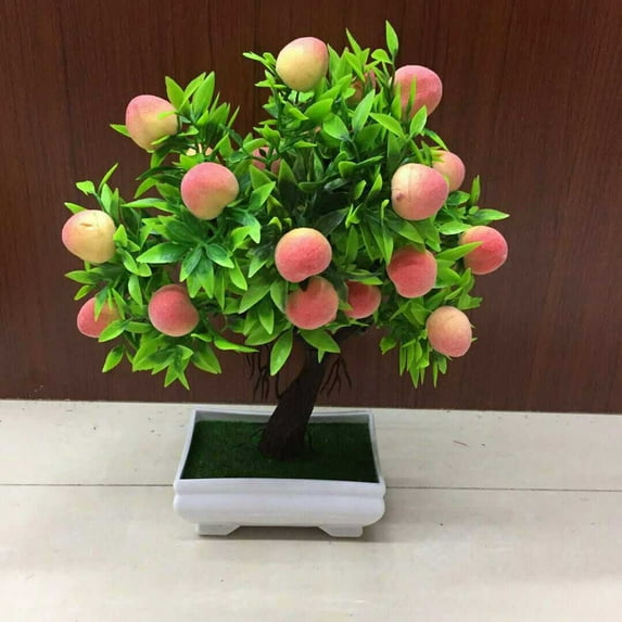 Lohuatrd Fresh-keeping Natural Plastic Artificial Bonsai Realistic Fake Peach Tree with Pot Home Decor