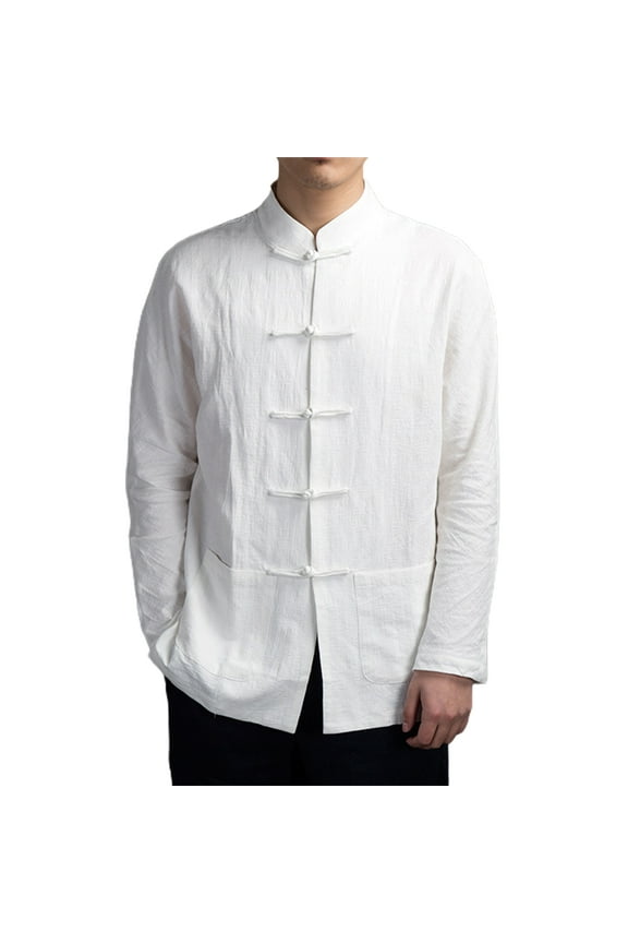 Men Autumn Chinese Style Shirt Top Mandarin Collar Long Sleeve Pockets Disc Button Traditional Kung Fu Tai Chi Shirt Tang Tops Uniform