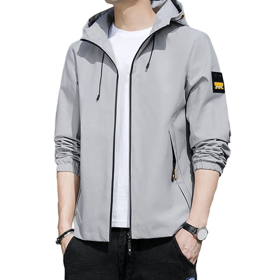 Lohuatrd Men Autumn Winter Coat Hooded Thin Smooth Solid Color Long Sleeve Pockets Zipper Closure Casual Mid Length Drawstring Elastic Cuff Men Jacket