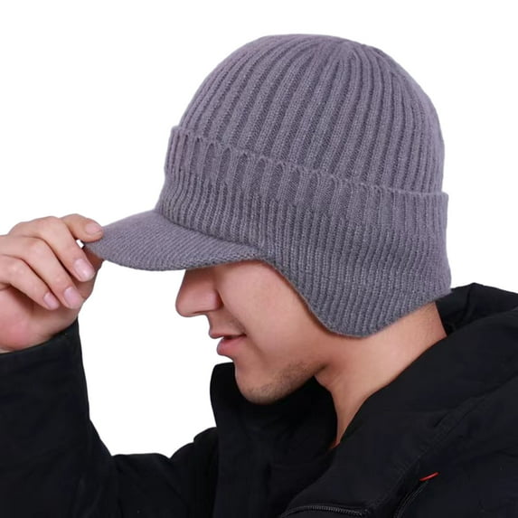 Lohuatrd Men Winter Knitted Peaked Hat with Earmuffs Windproof Warm Earflap Hat Outdoor Cycling Baseball Hat Knitted Newsboy Hat with Visor