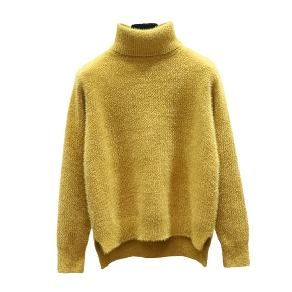 Lohuatrd Women Autumn Winter Knitting Sweater Turtleneck Long Sleeve Thickened Knitting Tops Side Split Hem Imitation Mink Pullover Sweater