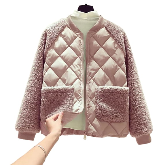 Lohuatrd Women Autumn Winter Solid Color Short Cotton Coat Long Sleeve Plush Splicing Jacket Pockets Zipper Placket Cotton Padded Outwear