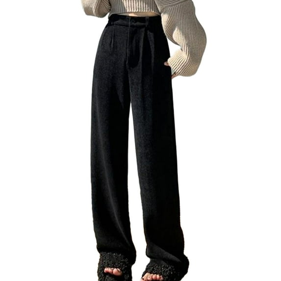Lohuatrd Women Autumn Winter Solid Color Suit Pants High Waist Straight Wide Leg Office Long Pants Button Zipper Fly Ribbed Loose Trousers