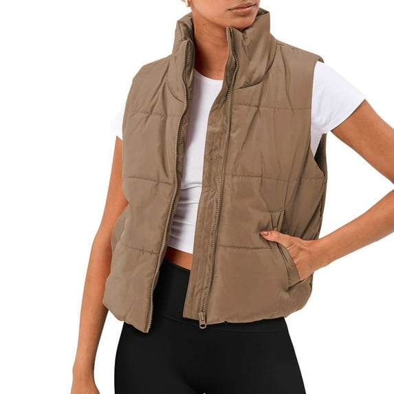 Lohuatrd Women Autumn Winter Solid Color Waistcoat Stand Collar Sleeveless Pockets Vest Jacket Zipper Placket Short Cotton Padded Puffer Vest