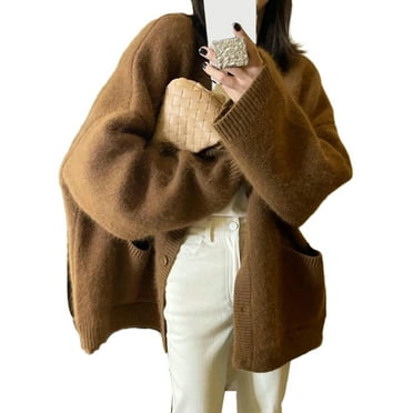 Lohuatrd Women Fall Winter Sweater Coat Button Closure Solid Color Knitted Elastic Thick Cardigan Long Sleeve Loose Pockets V Neck Soft Lady Jacket