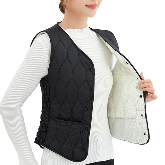 Lohuatrd Women Fall Winter Vest Coat Soft Thick Padded Sleeveless Single-breasted Solid Color V Neck Cardigan Slim Fit Warm Pockets Lady Waistcoat