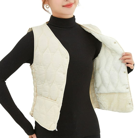 Lohuatrd Women Fall Winter Vest Coat Soft Thick Padded Sleeveless Single-breasted Solid Color V Neck Cardigan Slim Fit Warm Pockets Lady Waistcoat